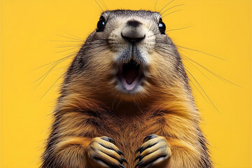 Fototapeta premium close up of a surprised marmot on yellow background