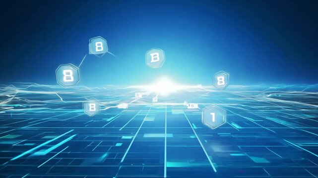 A high-tech visualization of a blockchain network, featuring interconnected nodes, glowing blue digital elements, and futuristic financial technology concepts.  
