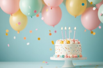 Birthday Cake with Lit Candles and Balloons in the blue  Background. A beautifully decorated birthday cake with lit candles, surrounded by pastel balloons and confetti for a festive atmosphere