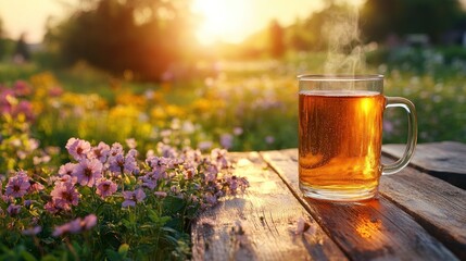 Warm tea glass on rustic wooden table in a meadow at sunset