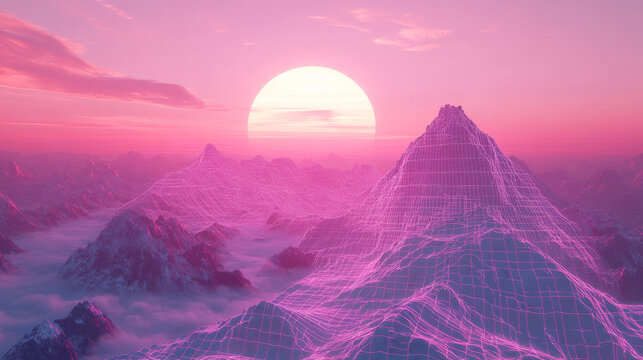 Synthwave retro background with grid mountain and neon pink sunset. Realistic vector illustration of new retro wave backdrop in 80s style. Abstract wireframe geometric hills landscape with sun.