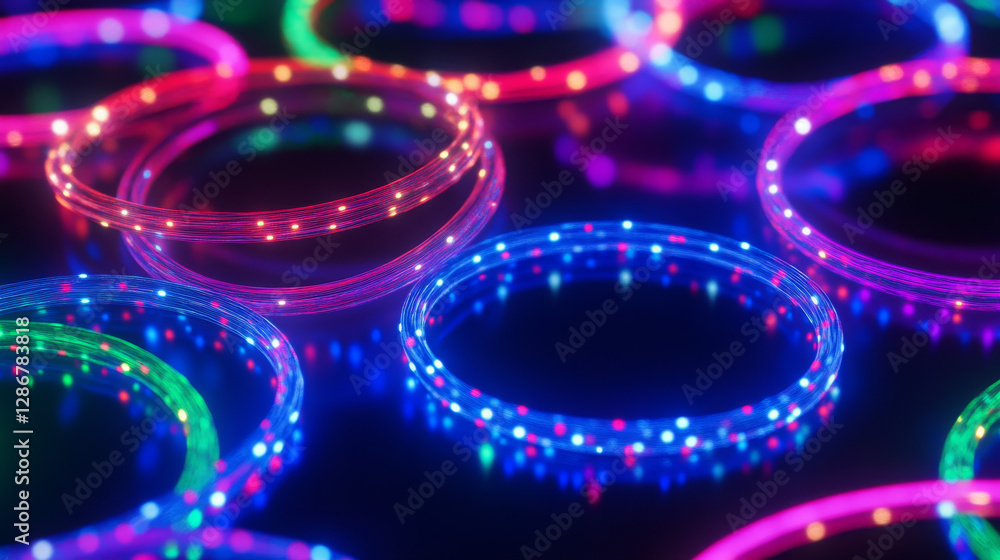 Poster neon ring collection - luminous circular frames in blue, red, green and pink colors. glowing lined g