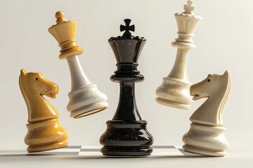 Realistic 3D chess pieces, including a modern king, queen, bishop, pawn, horse, and rook, form a group set, signifying a symbol of intellectual leisure activity and strategic board game in black and