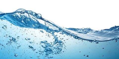 Crystal clear blue water splash with dynamic motion, high-speed macro photography capturing water bubbles and fluid waves, perfect for hydration, freshness, and nature backgrounds.