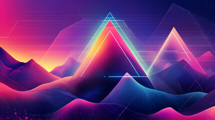 Synthwave background with abstract grid mountain landscape and bright glowing neon triangle. Realistic vector illustration of new retro wave style backdrop for music cover or retrofuturistic banner.