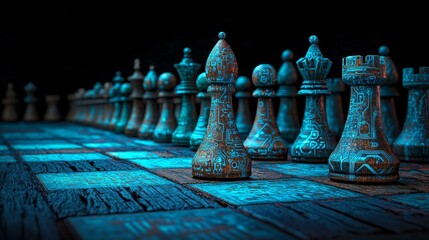 A blue chess set, comprising a king, queen, and horse, is used to illustrate a business war game concept on an abstract digital background, highlighting AI leadership strategy and innovation planning