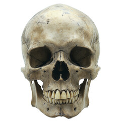 Obraz premium Human skull with teeth, cranial sutures and bone structure isolated on white background