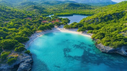 An aerial view of a beautiful secluded tropical bay