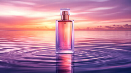 Premium Perfume Bottle Placed on Gradient Background from Purple to Rose Gold, Soft Ambient Lighting Highlighting the Elegant and Chic Fragrance Composition
