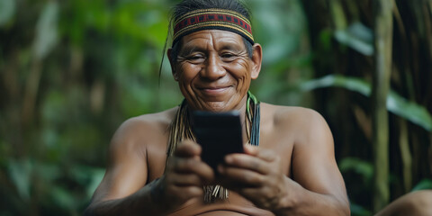Indigenous person using smartphone in amazon rainforest: smiling and browsing online