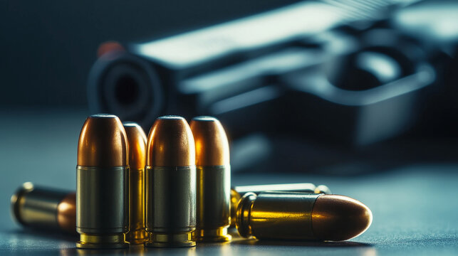 9mm bullets standing and laying with gun in background