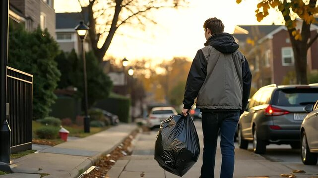 A teenager taking out the trash on a chilly evening