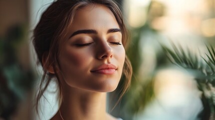 Obraz premium Serene portrait of a meditating woman with eyes closed, exuding peace and mindfulness. Ideal for wellness, relaxation, and meditation-themed content.