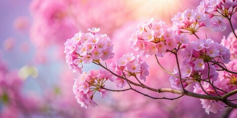Fototapeta premium Tabebuia rosea flower in full bloom against a soft pink and purple background, floral, tabebuia, floral, tabebuia, nature
