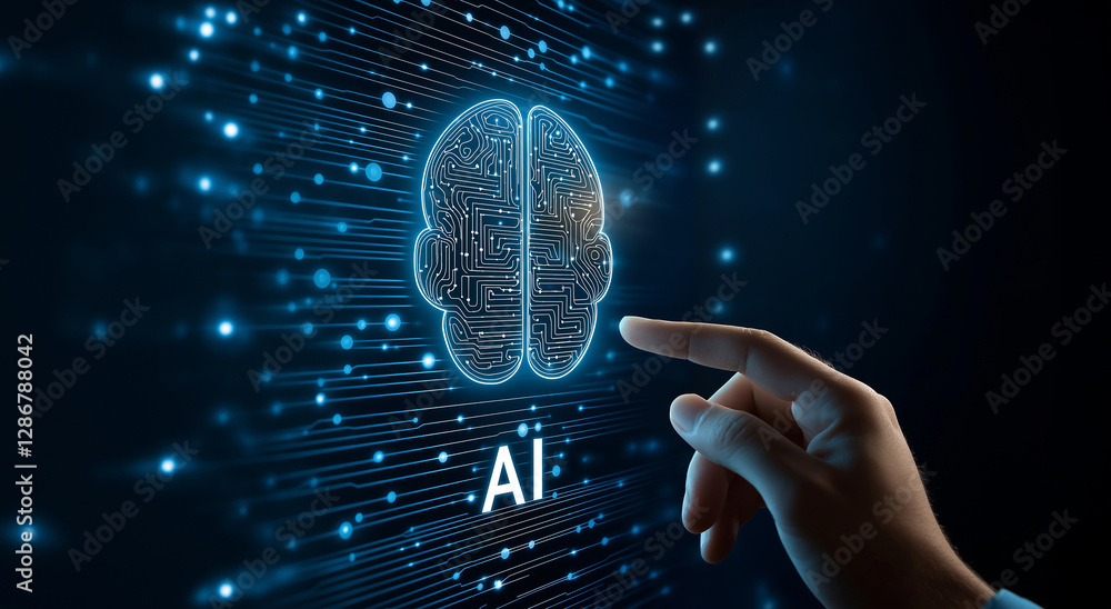 Poster Businessman pointing digital artificial intelligence brain and circuit board