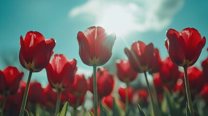 Fototapeta premium Red tulips with sun in spring against the sky