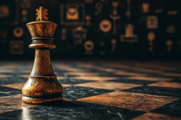 A chess board game competition features a gold king surrounded by silver pieces, with a virtual digital icon on a dark background, embodying the ideas of chess battles, digital marketing strategies,