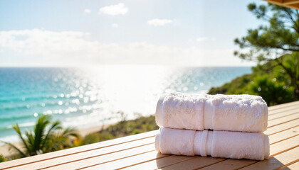 Neatly folded towels on sunlit deck overlooking ocean, serene getaway