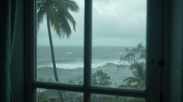 Fototapeta Tropical Storm or Cyclone at Seaside Seashore Seen through Window, Hurricane with Flooding, Downpour Rain
