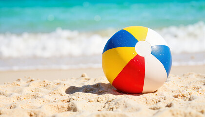 Beach ball resting on sandy shore with clear blue waves, sunny playfulness