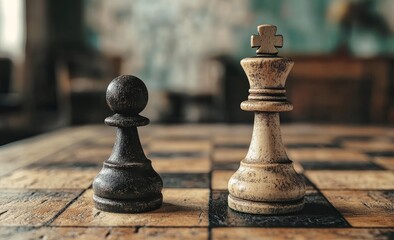 Fototapeta premium The scenario illustrates a business leader battling against overwhelming odds, much like a solitary pawn pitted against a full chess board