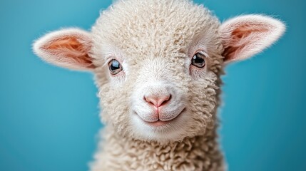 Adorable lamb portrait, blue background, springtime, farm animal
