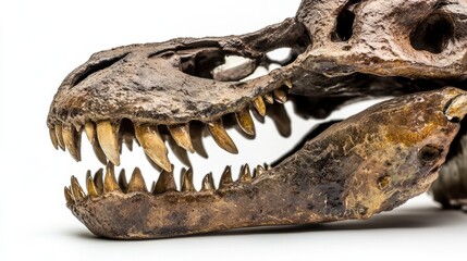 Fototapeta premium Close-up of a T-Rex figurine's jaw and teeth, showcasing prehistoric predator's fierce anatomy. 