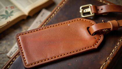 Elegant vintage leather luggage tag on rustic suitcase background, travel theme