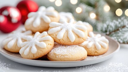 Snowflake cookies on plate, Christmas background