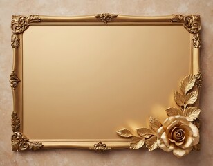 Elegant gold frame with a rose accent against a textured background.