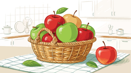 Apples in wicker basket with Apple Slice on table in kitchen vector design, Red Apple Illustration vector design