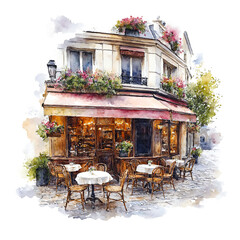 A watercolor painting depicts a charming Parisian cafe, overflowing with flowers and lush greenery, its warm glow and inviting atmosphere captured on a white background.