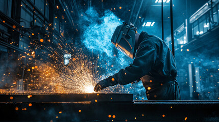 Bunk Bed Fabrication - Welding Metal Frames in Factory - Blue Lit Room with Sleeping Quarters - Industrial Manufacturing
