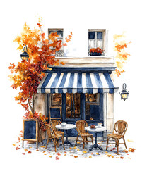 A charming watercolor illustration of a Parisian cafe with a blue and white striped awning, outdoor seating, and a vibrant orange tree, capturing the essence of a cozy autumn day in Paris.