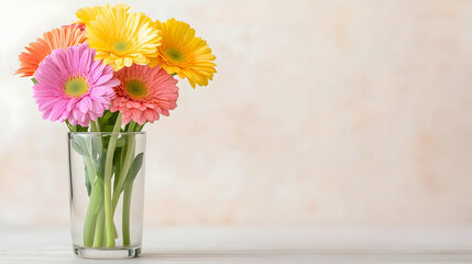 Fototapeta premium Colorful gerbera daisies in glass vase, light background, spring, greeting card
