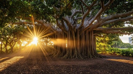 Sun rays filtering through the tree branches