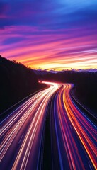 Obraz premium Artistic highway at sunset captivating road lights and ethereal sunrise glow in motion