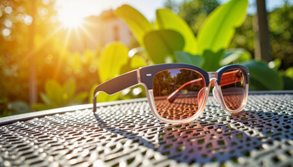 Stylish sunglasses on a metal table in lush garden, summer vibes