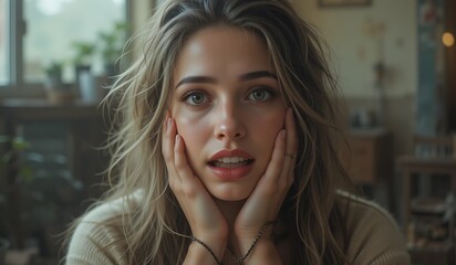 Obraz premium Captivating Young Woman – Expressive Portrait with Natural Light