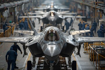 Workers diligently assemble advanced fighter jets inside a large manufacturing facility. The atmosphere is focused on precision and teamwork, showcasing cutting-edge technology and engineering