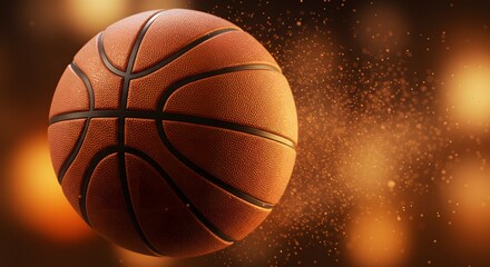 Obraz premium Basketball with dramatic lighting and golden bokeh background in focus.
