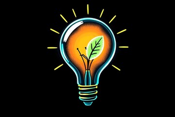 Macro shot of bright light bulb illustration with green leaf inside isolated on dark background. Symbol of eco innovation and creative energy. Selective focus