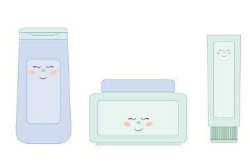 Cute Cosmetic Bottle Tube Set. Hand Drawn  Doodle Illustration. Skincare Product Symbol Container Element. Beauty Cosmetology Plastic Object Outline Vector Art 