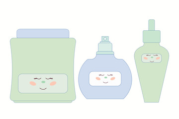 Cute Cosmetic Bottle Tube Set. Hand Drawn  Doodle Illustration. Skincare Product Symbol Container Element. Beauty Cosmetology Plastic Object Outline Vector Art 