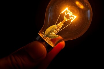 Closeup of glowing light bulb with green leaf inside representing sustainable innovation and eco-friendly energy concepts. Selective focus