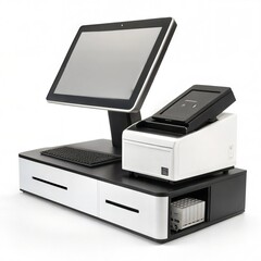 Modern POS System with Integrated Printer and Accessories, black computer printer