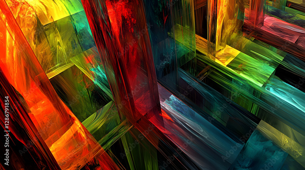 Poster abstract painting featuring vibrant colors and dynamic shapes with a mesmerizing visual effect