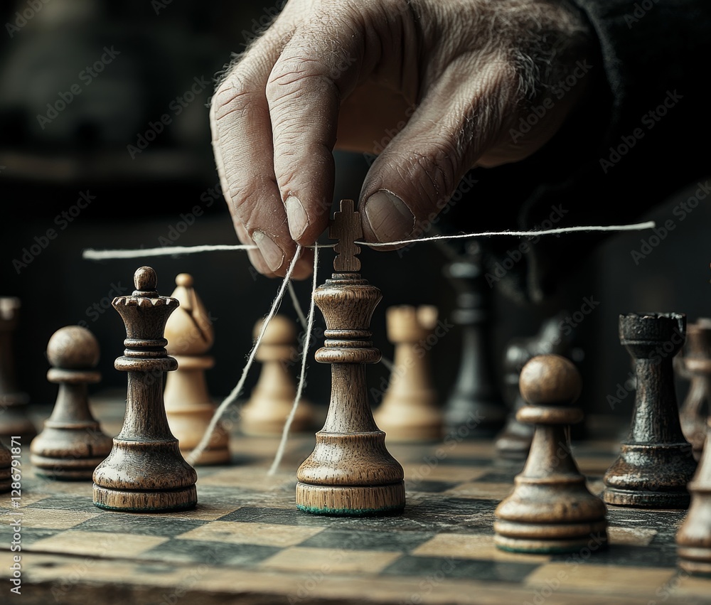 Poster puppeteer hands manipulate a chess piece, symbolizing business competition and strategy in a 3d rend