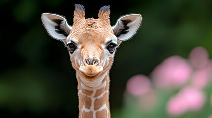 Obraz premium Baby giraffe portrait, zoo enclosure, blurred pink flowers, wildlife photography