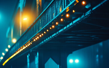 Illuminated Bridge at Night - Blue and Orange Lighting - Urban Infrastructure - Steel Structure Close-Up Details

